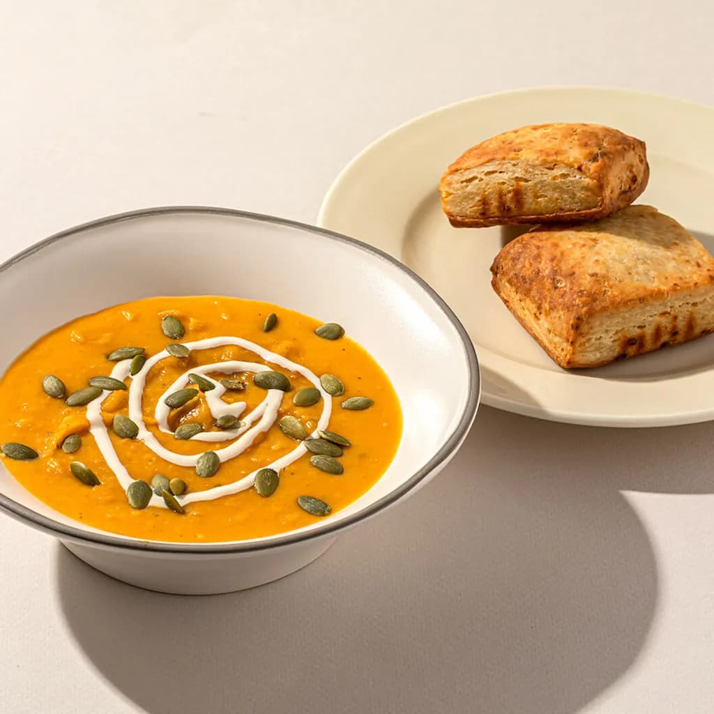 Creamy Butternut Squash Soup with Freshly Baked Biscuits