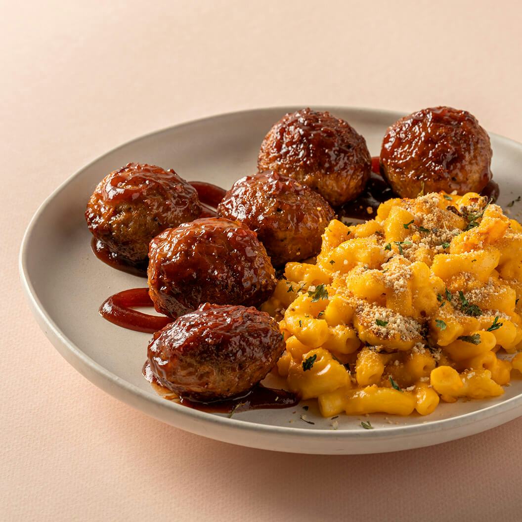 Sweet BBQ Meatballs with Mac & Cheese