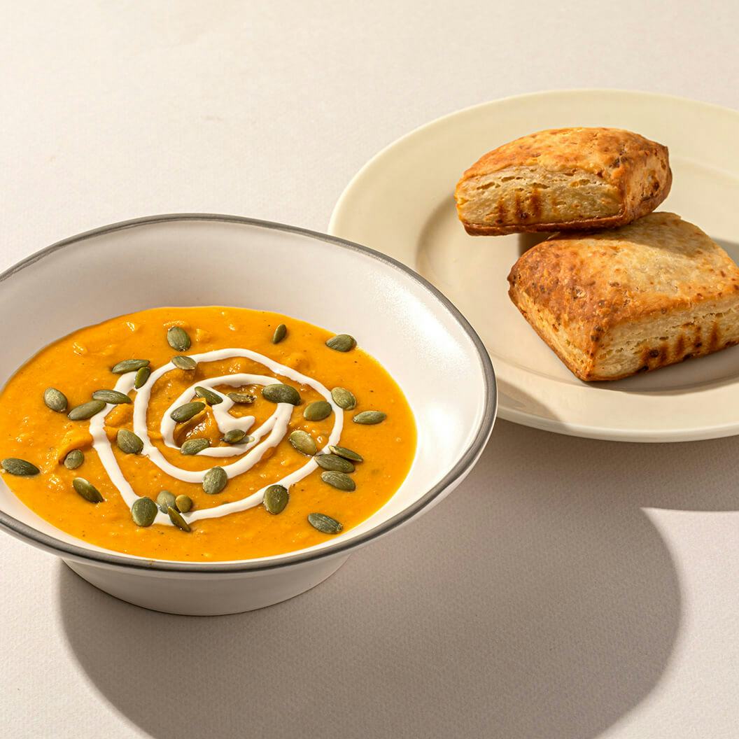 Creamy Butternut Squash Soup with with Freshly Baked Biscuits